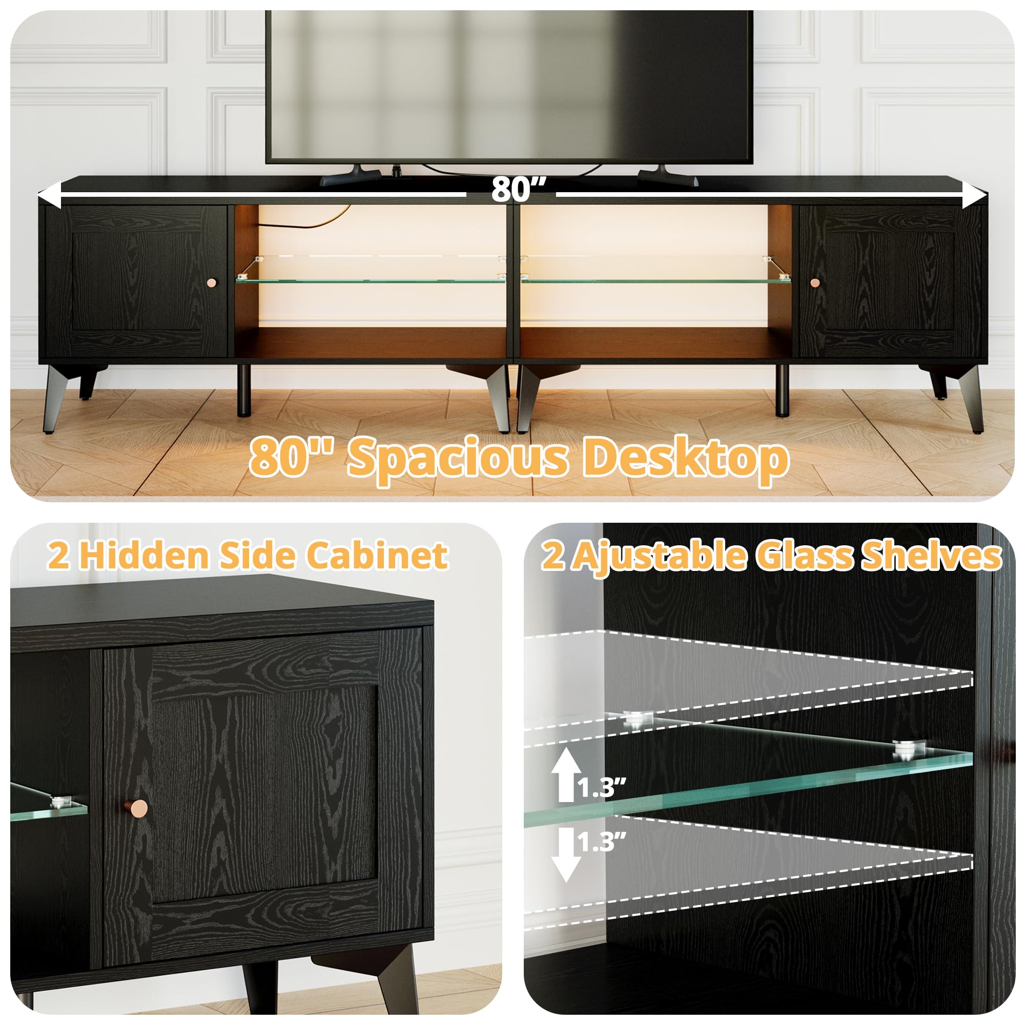 80" 2-in-1 TV Stand with LED Lights & Charging Station