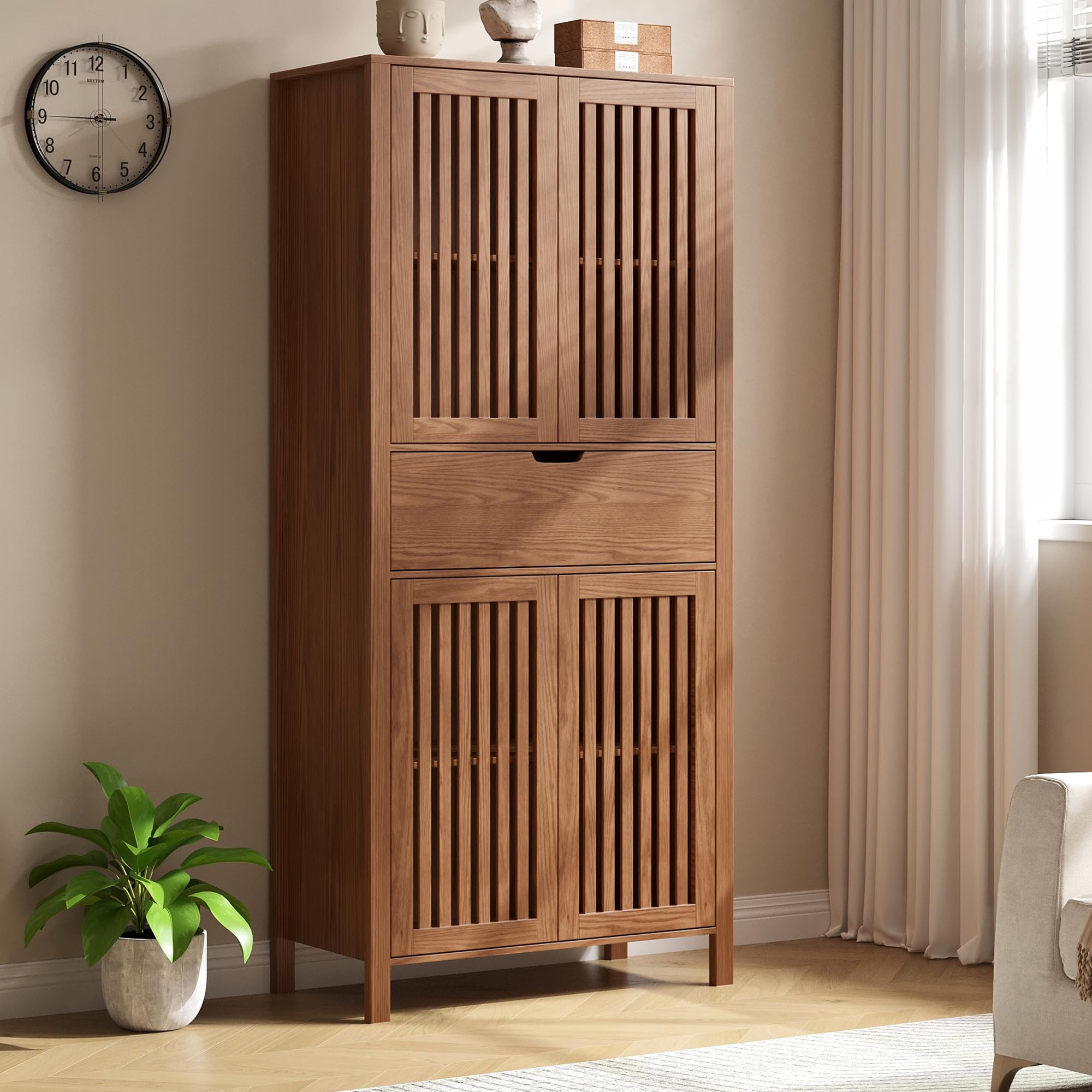 BVIUNTWO 69" Tall Farmhouse Storage Cabinet with Drawer & Adjustable Shelves, Grille Door Organizer Unit, Anti-Tip Design for Bathroom, Kitchen, Living Room, Rustic Brown