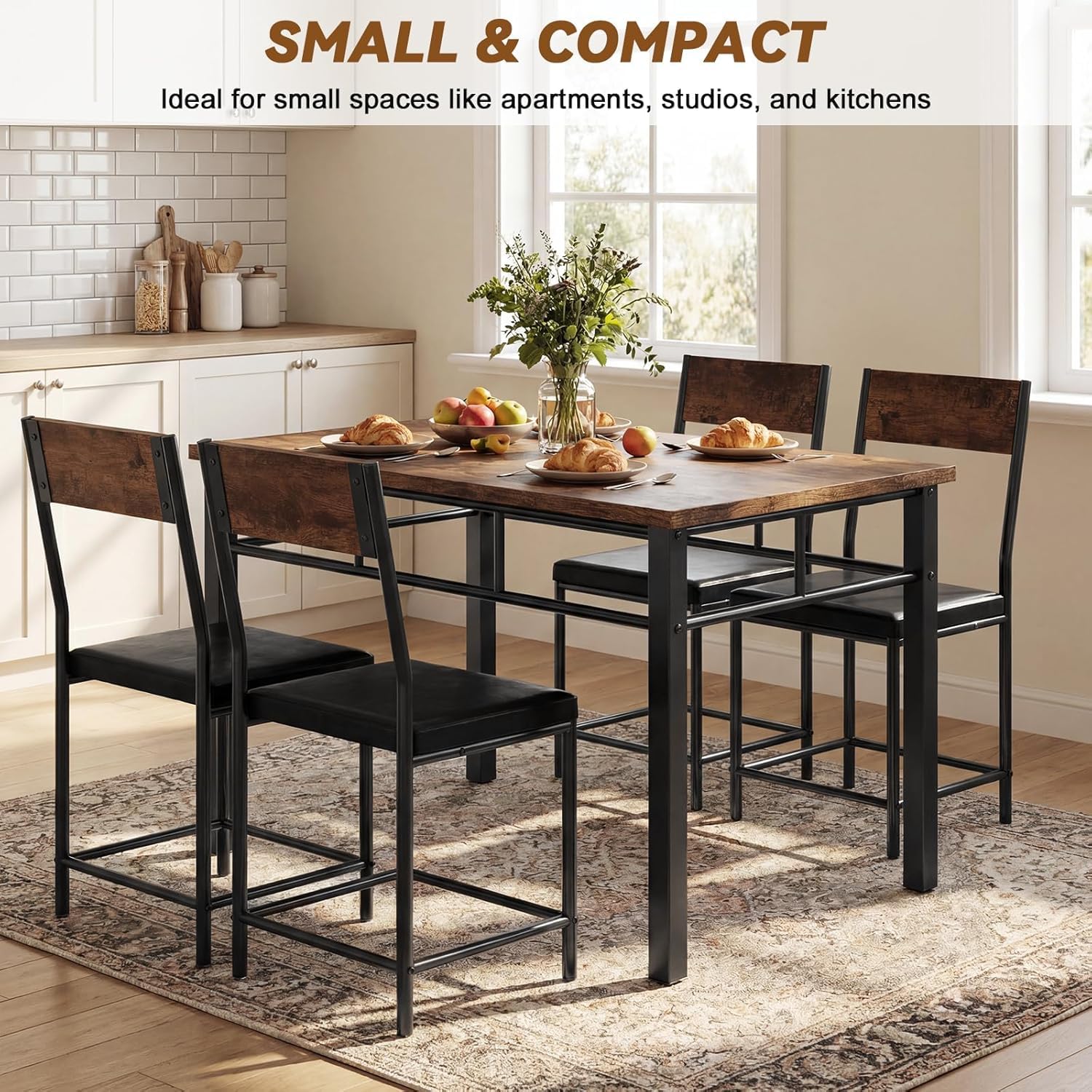 Viugex 5-Piece Dining Table Set for 4, Modern Wooden Kitchen Table with Upholstered Chairs, Space-Saving Rectangle Dining Room Table for Small Space, Dinette, Apartment, Easy to Assemble, Rustic Brown