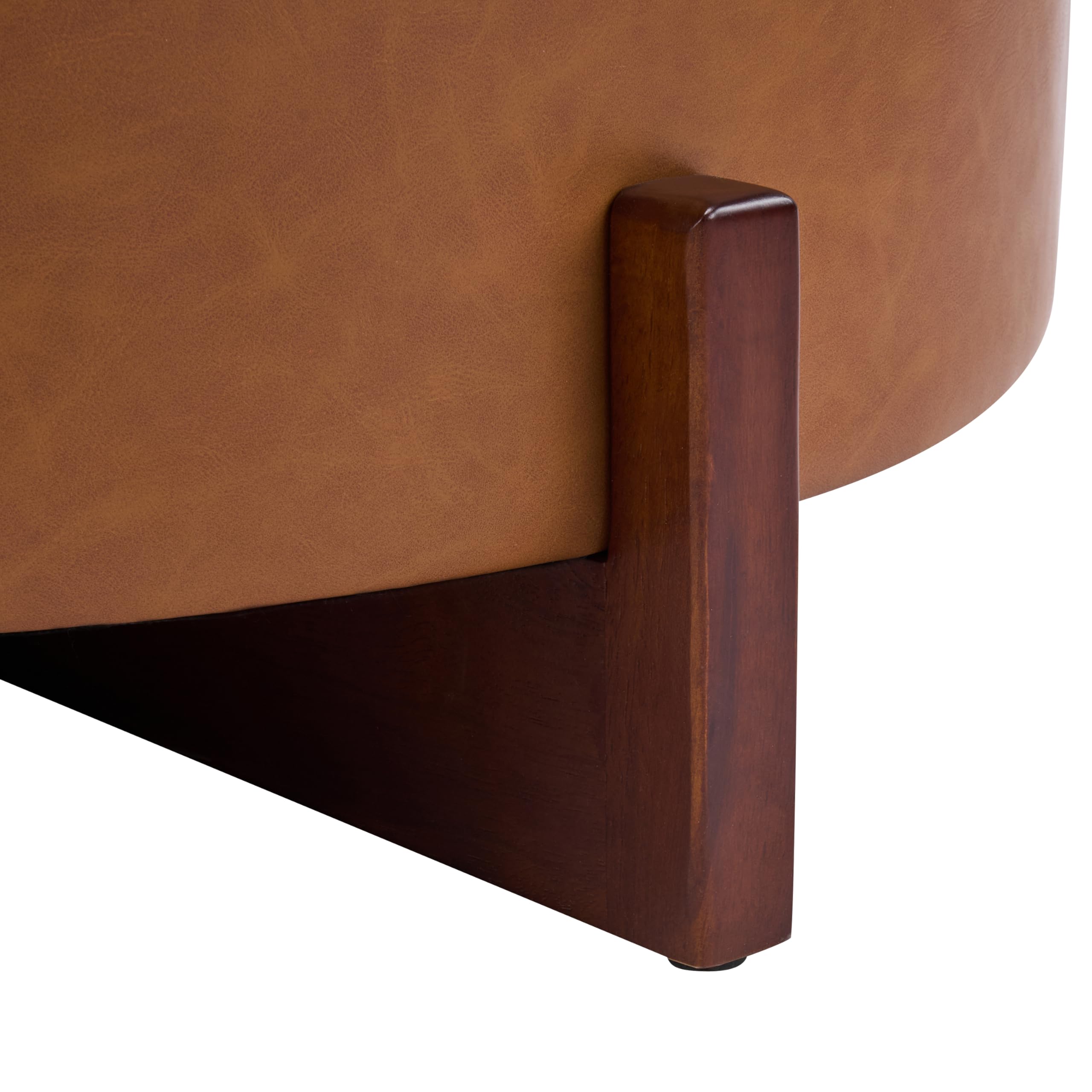 Christopher Knight Home 32" Round Storage Ottoman with Reversible Wooden Lid, Faux Leather Tufted Coffee Table, 2-in-1 Storage Ottoman, Hidden Storage Compartment, Solid Rubber Wood Base, Brown