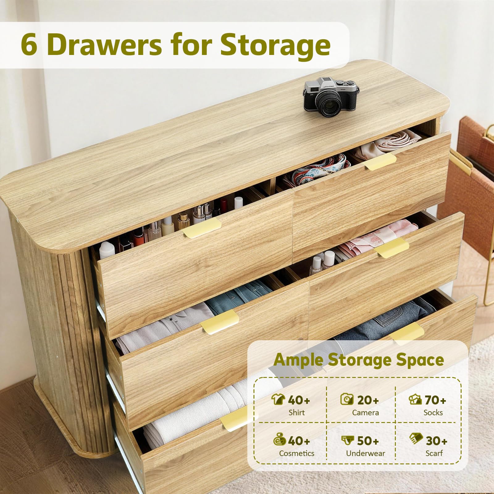 3-Piece Fluted Bedroom Set – 6-Drawer Dresser & 2 Nightstands