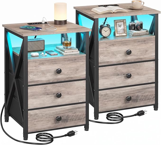 LED Nightstands with Charging Station, Set of 2
