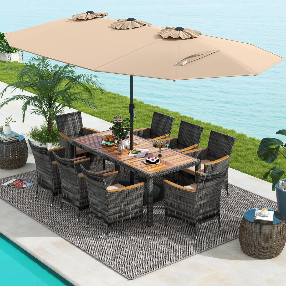 Tangkula 10 Pieces Patio Wicker Dining Set w/Double-Sided Patio Umbrella, Outdoor Acacia Wood Furniture Set w/ 8 Armchairs, 71” Dining Table & 15 ft Umbrella with Weighted Base (Coffee)