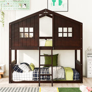 House Bunk Bed Twin Over Twin with Roof and Window for Kids Teens, Espresso