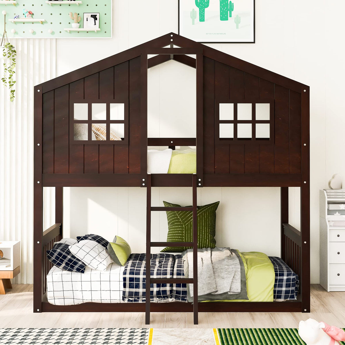 House Bunk Bed Twin Over Twin with Roof and Window for Kids Teens, Espresso