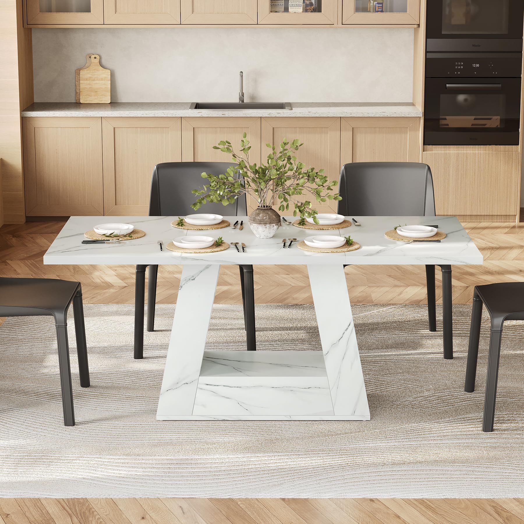 63" Rectangle Dining Table | Faux Marble Top | Triangle Pedestal Base