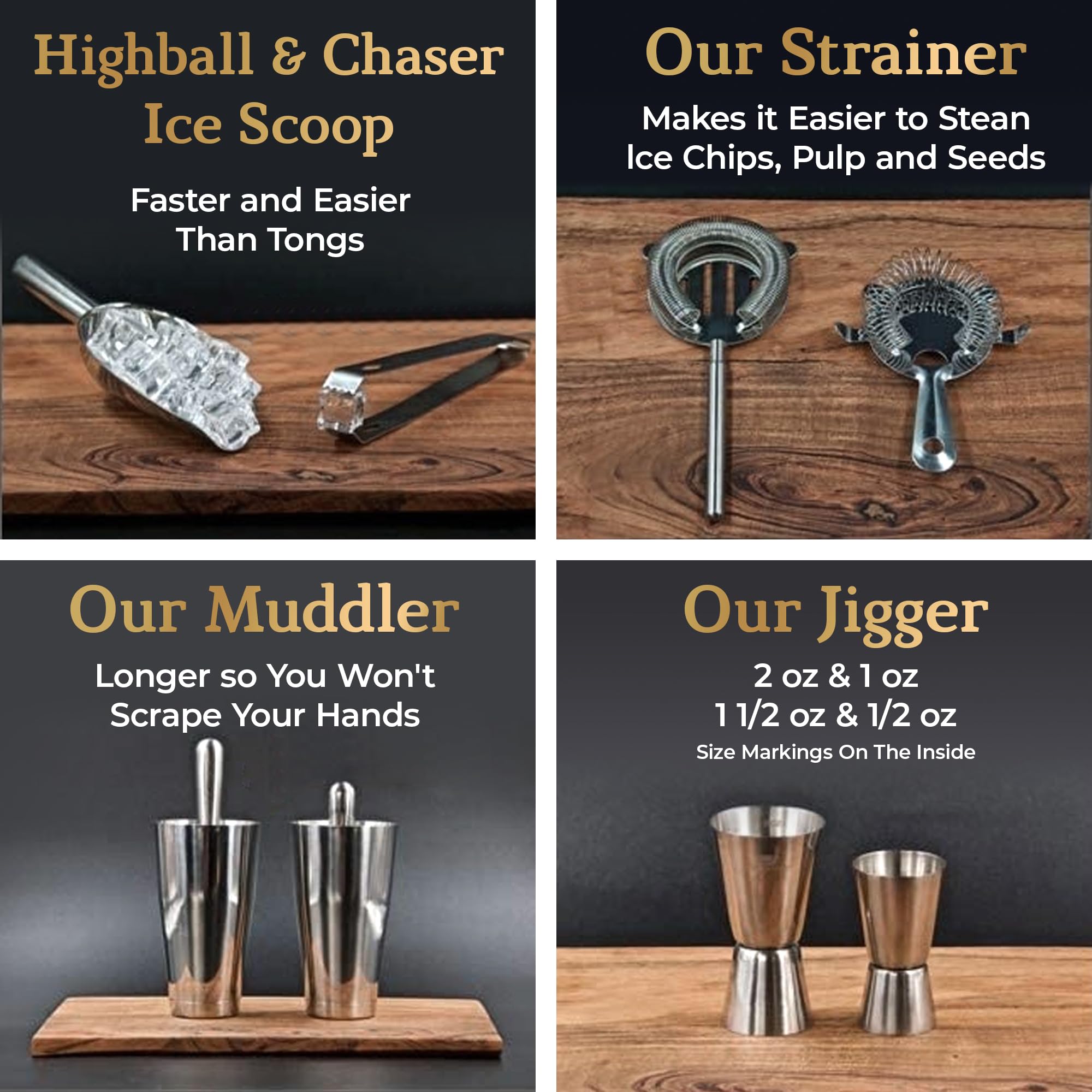 Highball & Chaser 13-Piece Boston Cocktail Shaker Set Stainless Steel Mixology Bartender Kit With Stand For Home Bar Cocktail Set | Laser Engraved Cocktail Tools | Plus E-Book with 30 Cocktail Recipes