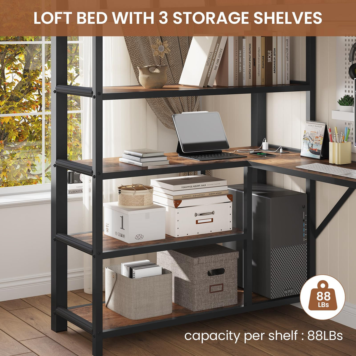 Metal Loft Bed with Desk & Storage