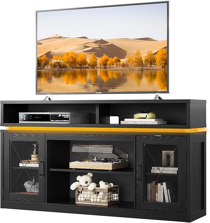 Farmhouse TV Stand with LED Lights & Storage Cabinets