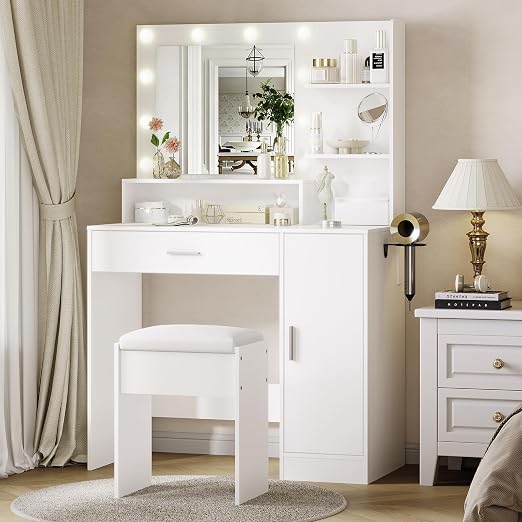 LED Vanity Desk with Mirror and Storage