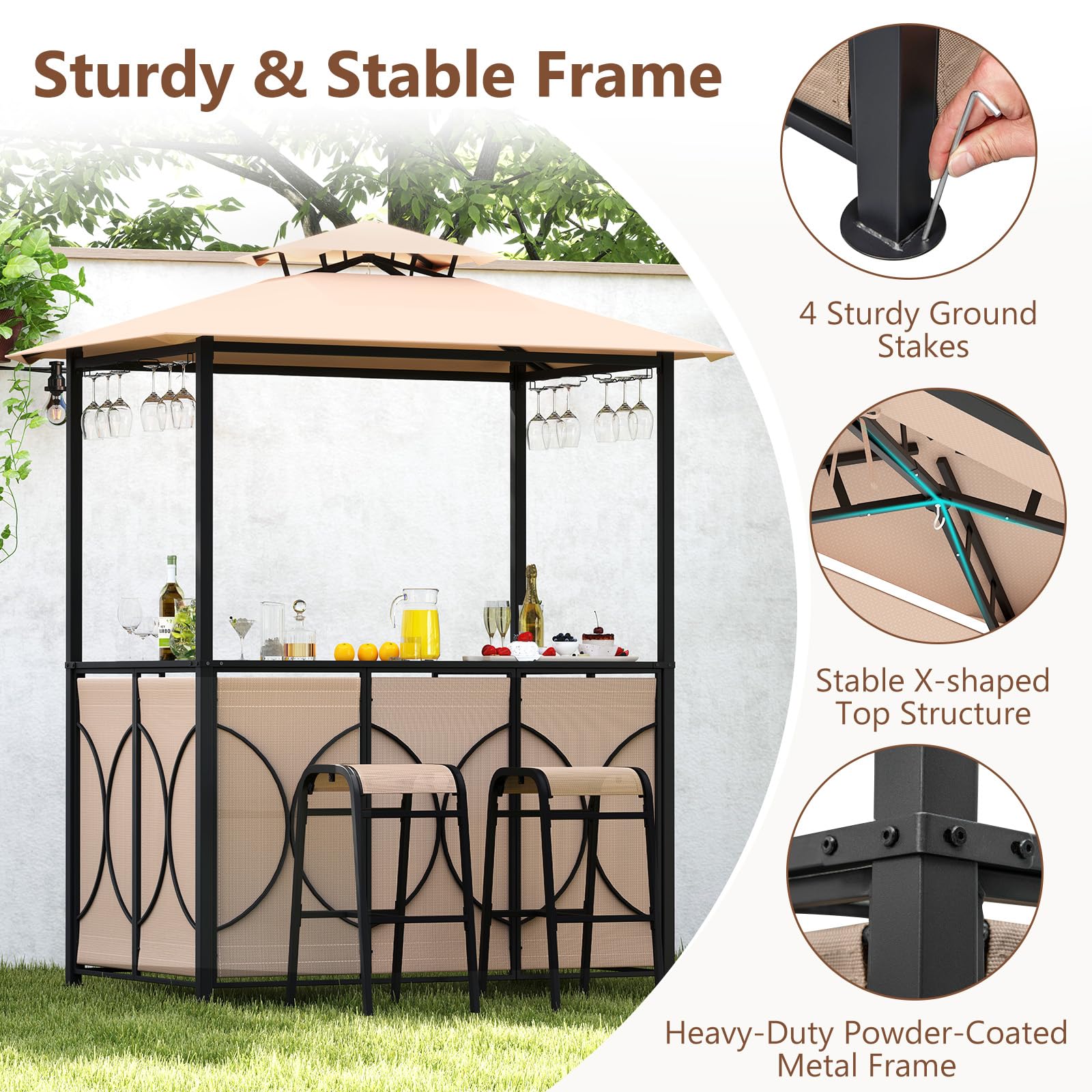Tangkula 3-Piece Patio Bar Set, Grill Gazebo & 2 Bar Stools with Tempered Glass Bar Table, Metal Storage Shelves, Glass Holders, Double-Tier Soft Top Canopy BBQ Gazebo Shelter for Patio Garden (Brown)
