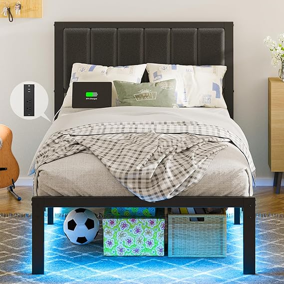 Metal Platform Bed Frame with LED Lights & USB Charging