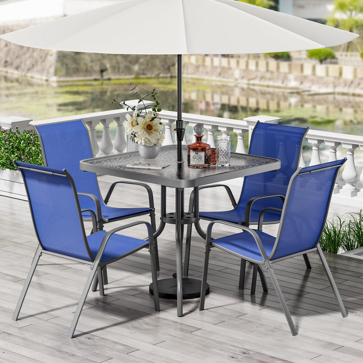 TLSUNNY 5 Pieces Patio Dining Set for 4, Glass Table and Textilene Chair
