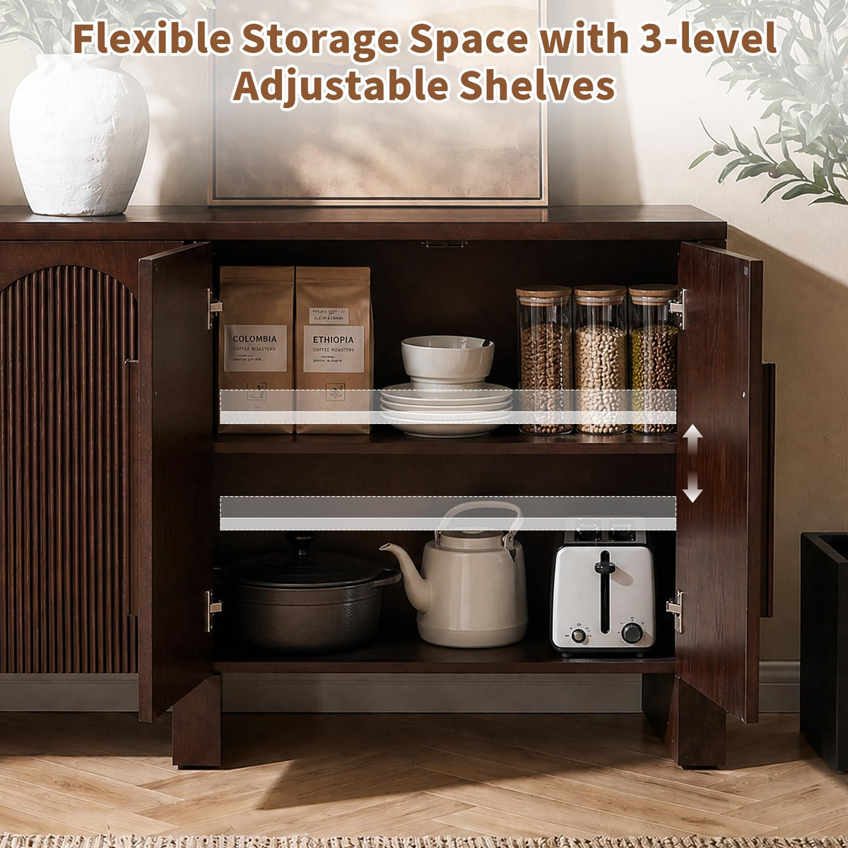 60"Modern Sideboard Cabinet with Storage,Solid Wood Arched Buffet Cabinet