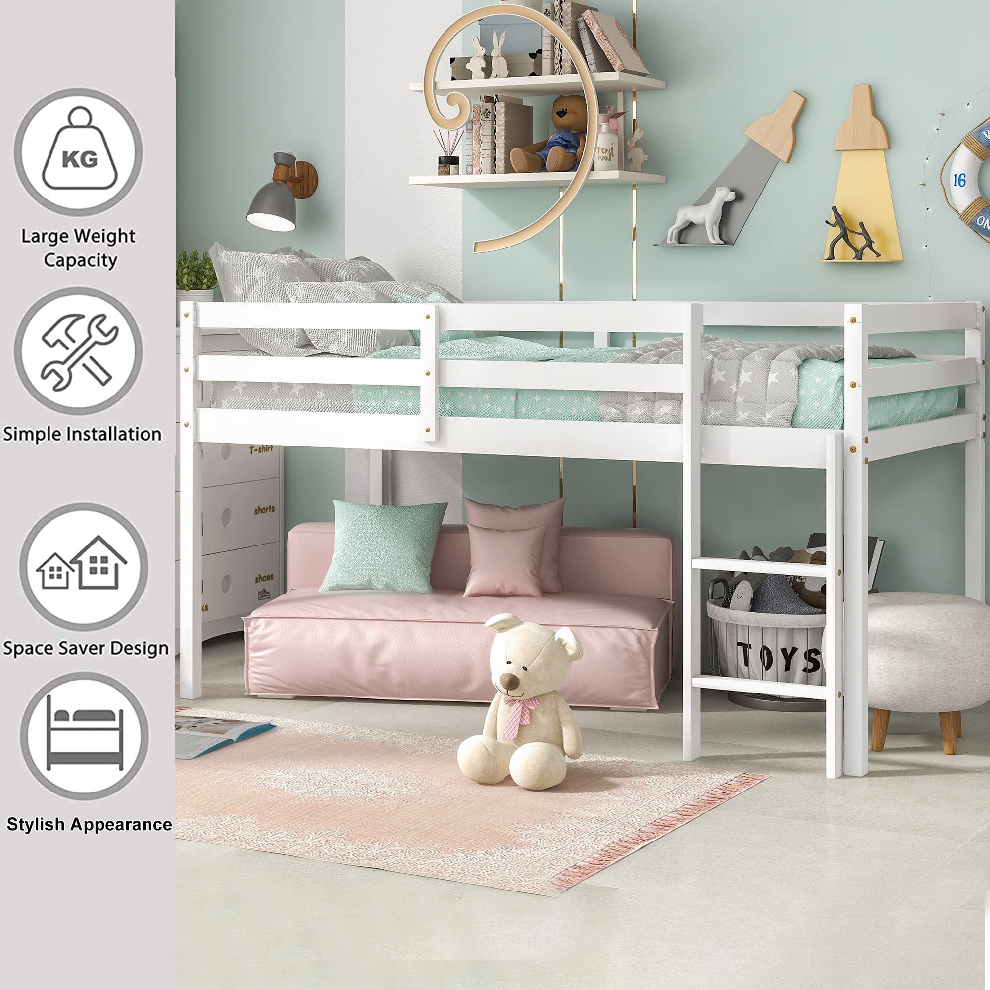Twin Kids Loft Bed with Ladder & Guard Rails