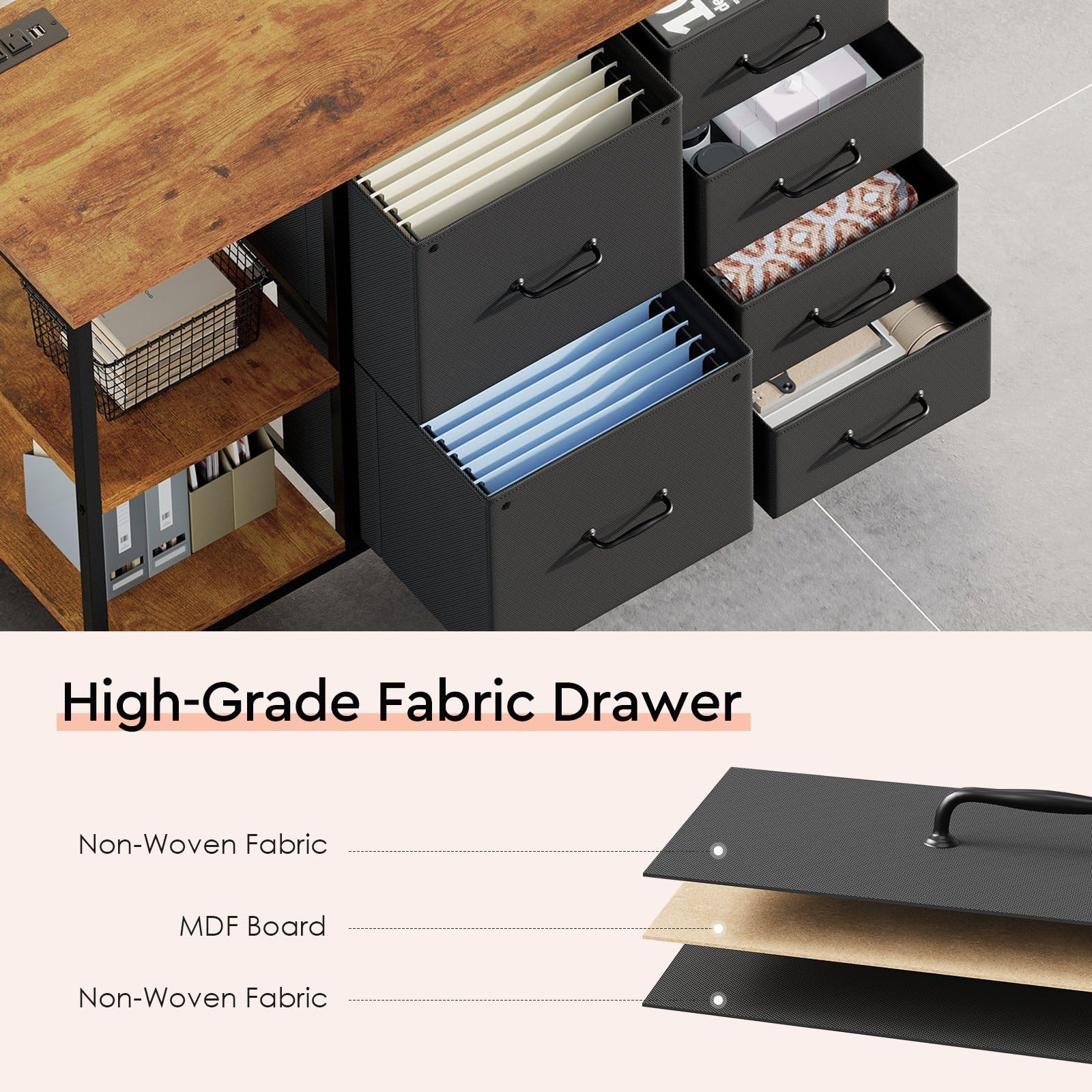 6-Drawer File Cabinet with Charging Station & Rolling Printer Stand