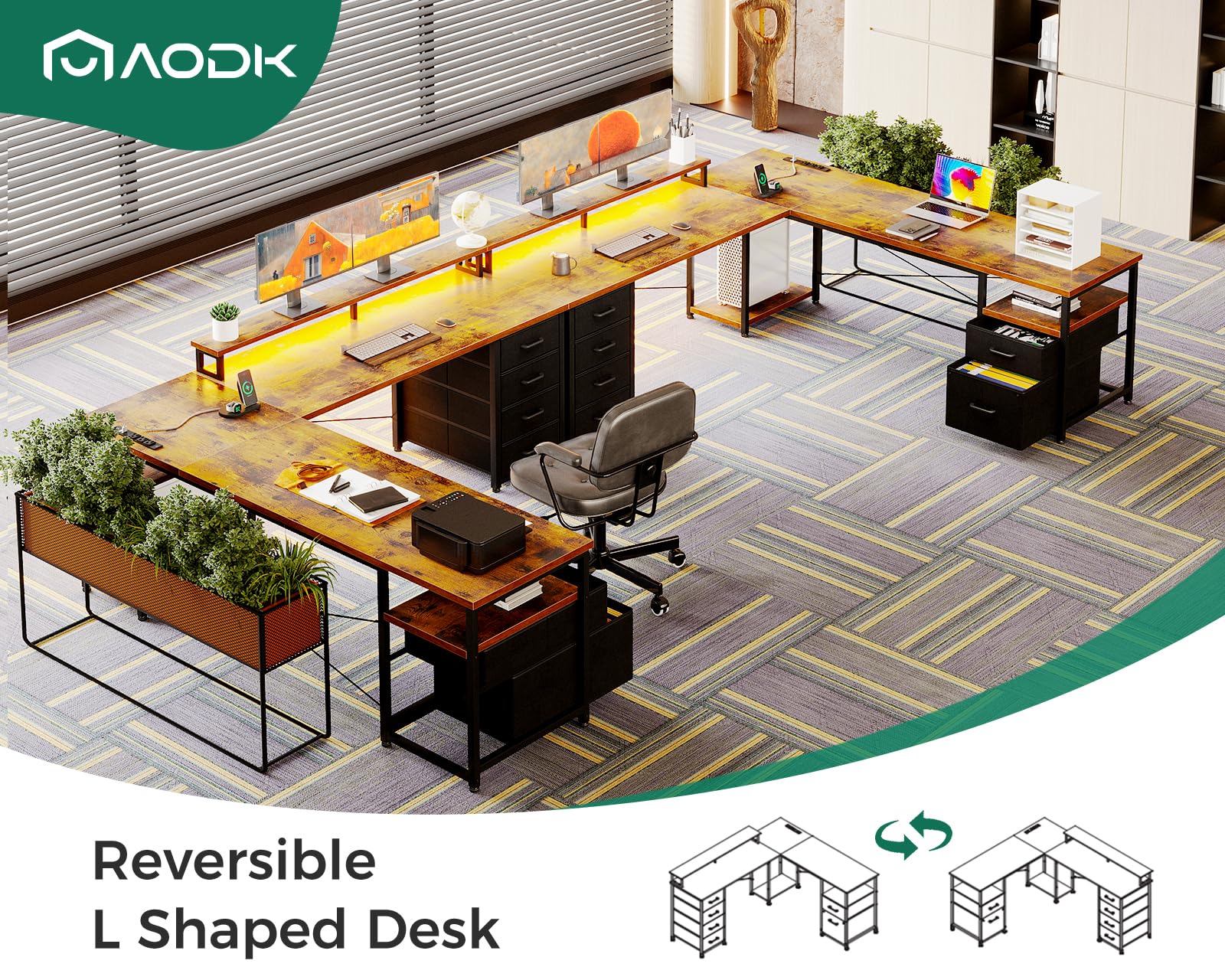 L-Shaped & Long Computer Desk with File Cabinet, LED Lights & Power Outlet