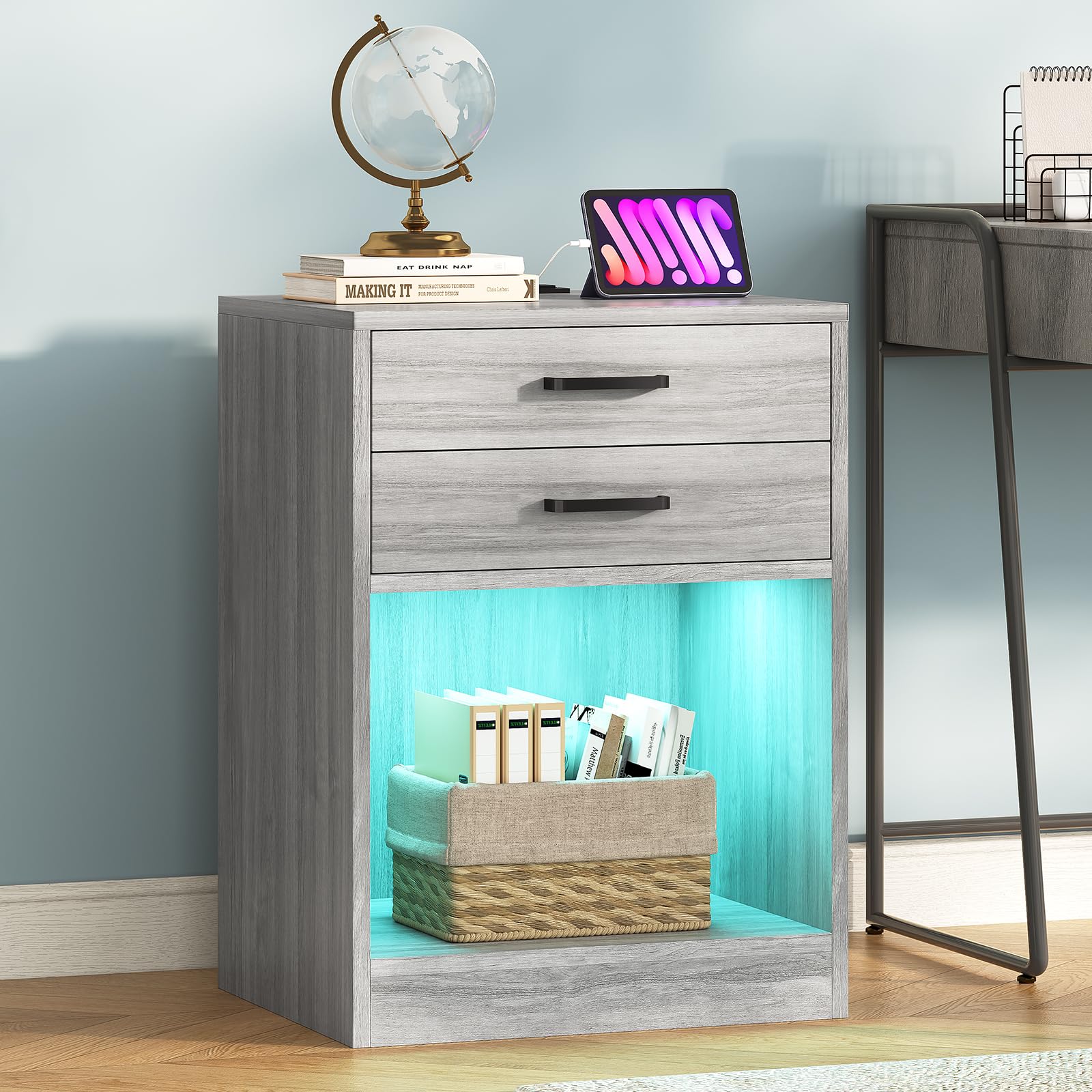 ADORNEVE LED Nightstands Set of 2,Night Stands for Bedrooms Set of 2,Nightstand with Charging Station and LED Lights,Bedside Table with Drawers & USB Ports (Grey)