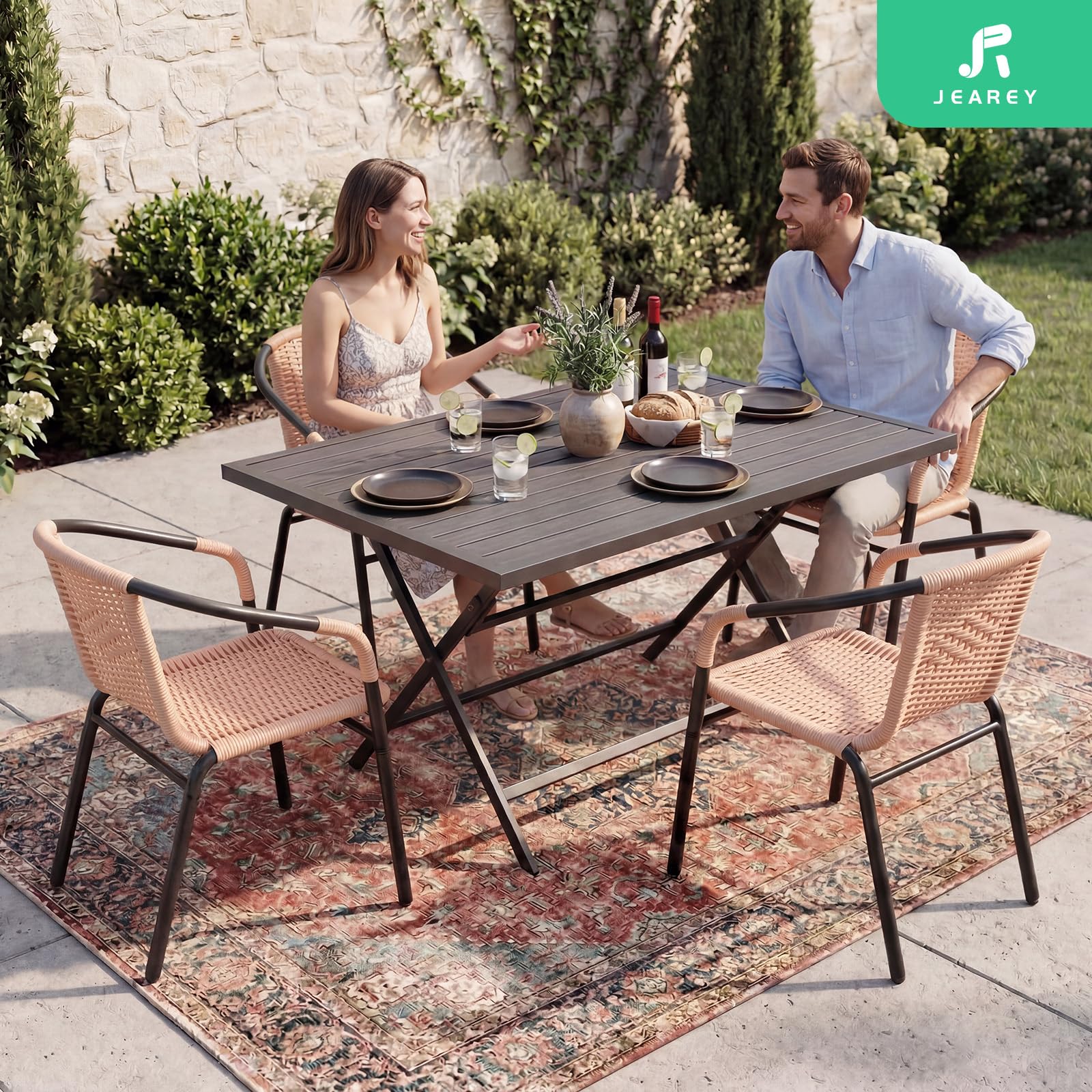 JEAREY Outdoor Patio Rattan Dining Chairs Set of 4, All Weather Stackable Dining Chairs for Lawn, Restaurant, Garden, Beige