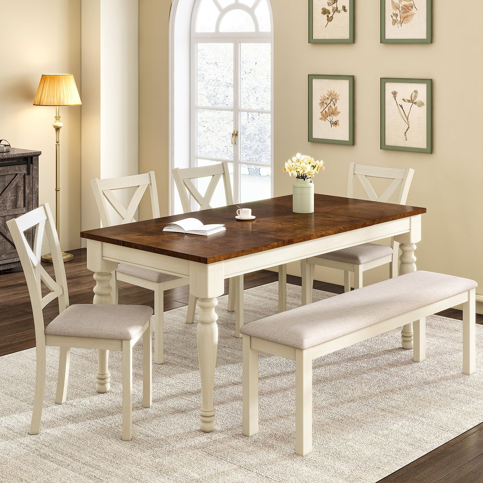 6-Piece Farmhouse Dining Table Set with Chairs & Bench