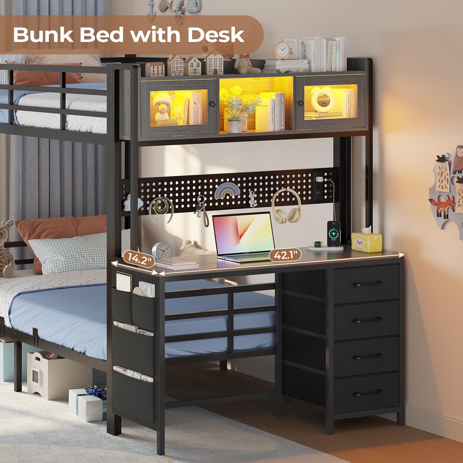 Twin Over Twin Bunk Bed with Desk & LED Light