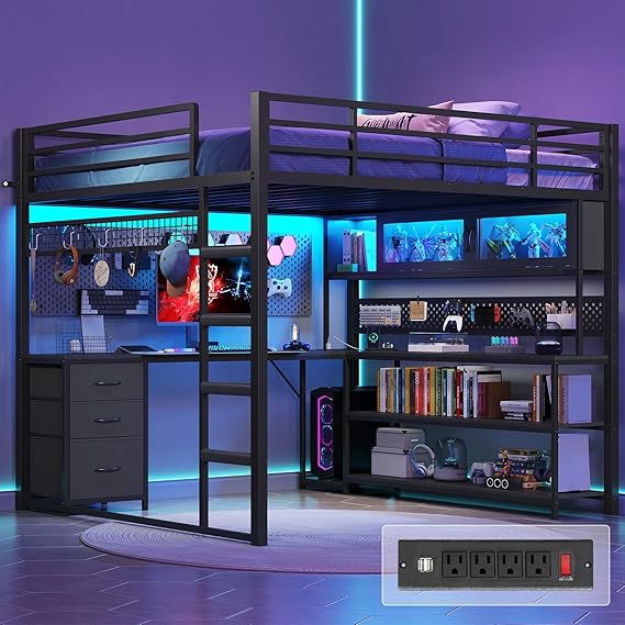 Twin Loft Bed with L-Shaped Gaming Desk & Storage