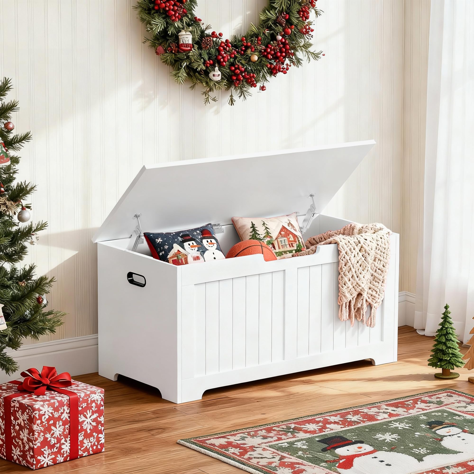 SUPER DEAL Storage Chest, 39 inches Chest Box Organizer with 2 Safety Hinges, Wooden Entryway Shoe Organizer Storage Bench, White