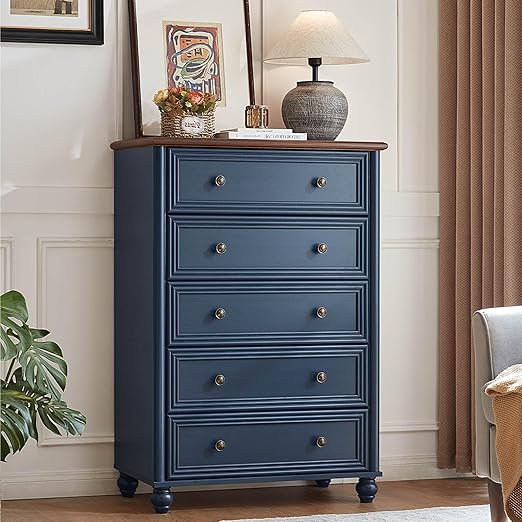 Farmhouse 5-Drawer Tall Dresser with Metal Handles