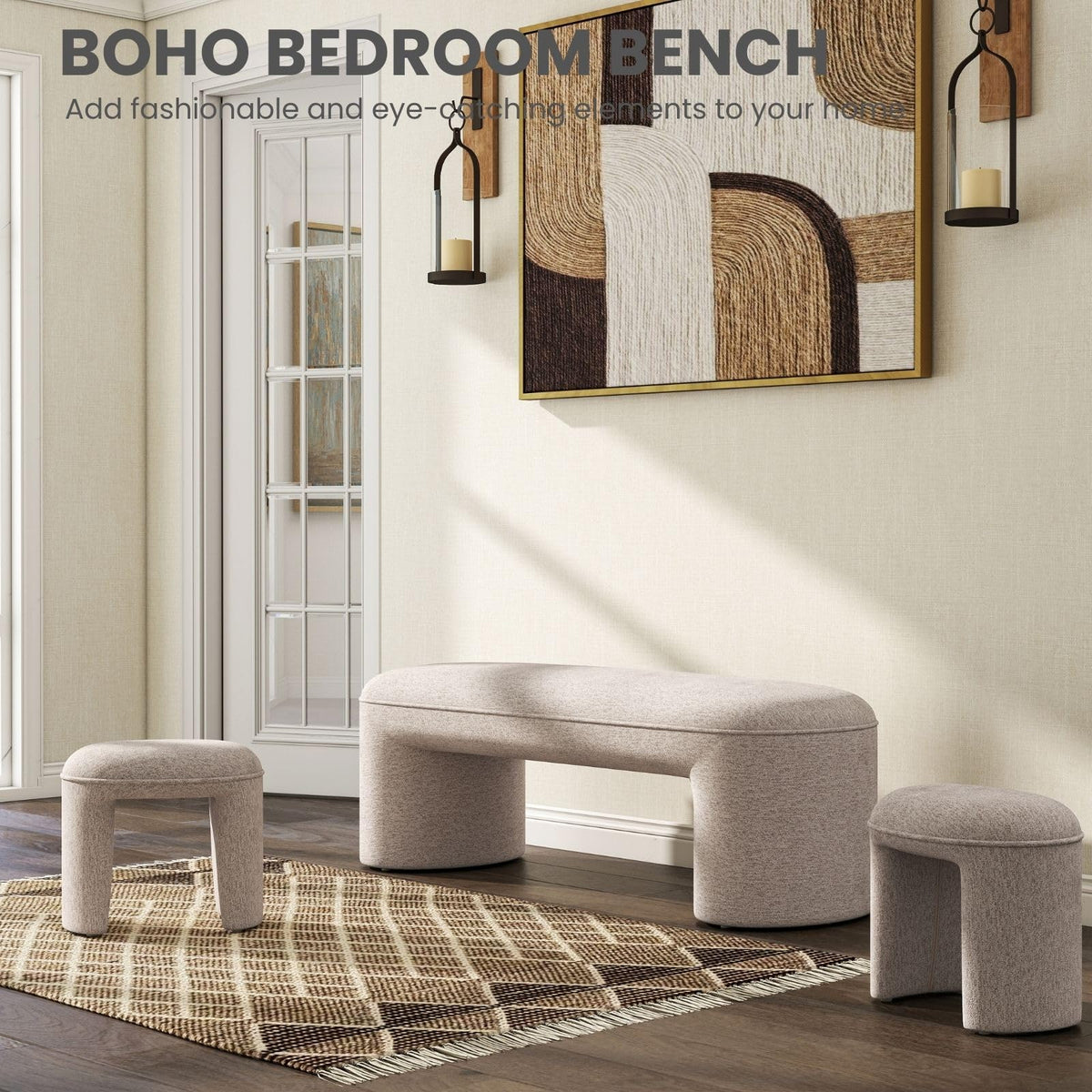 Chenille Bench with Nesting Ottomans