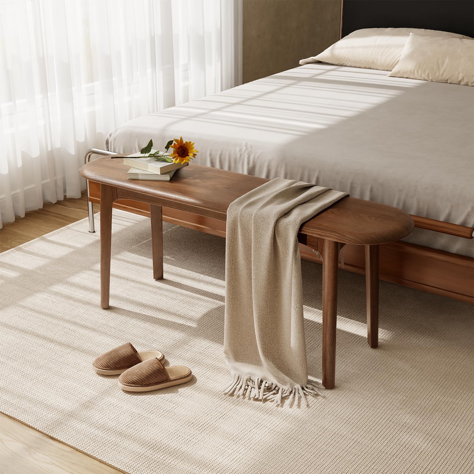 DONGMUWUEJEE 100% Solid Wood Dining Bench, Wood Bench for End of Bed with Rounded Corners, Entryway Benches for Farmhouse, Kitchen, Living Room and Plant Stand (Walnut, 39.4" D x 11.8" W x 19.7" H)