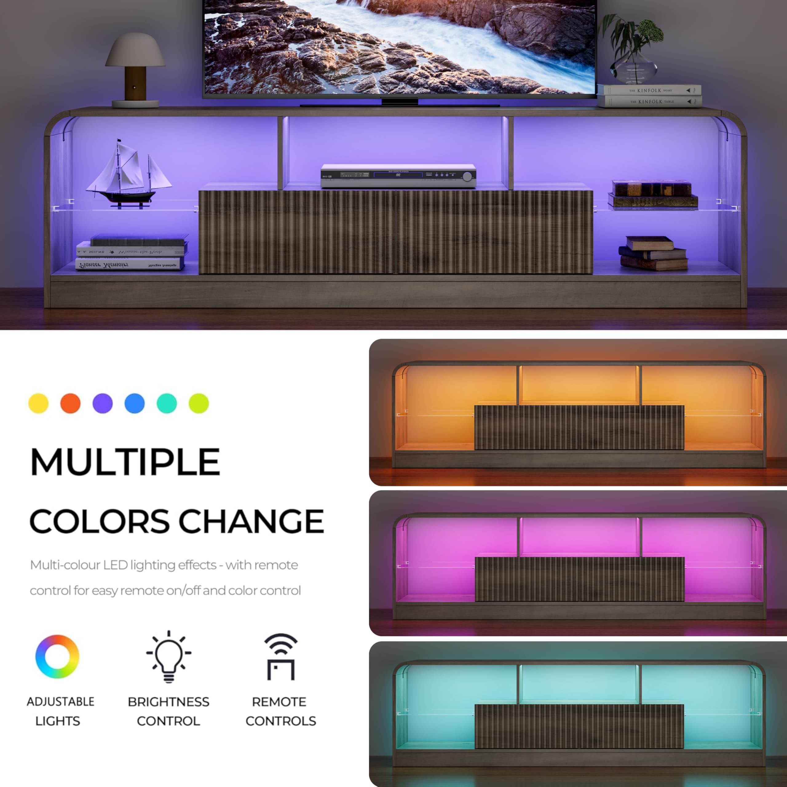 TV Stand with LED Lights & Glass Shelves
