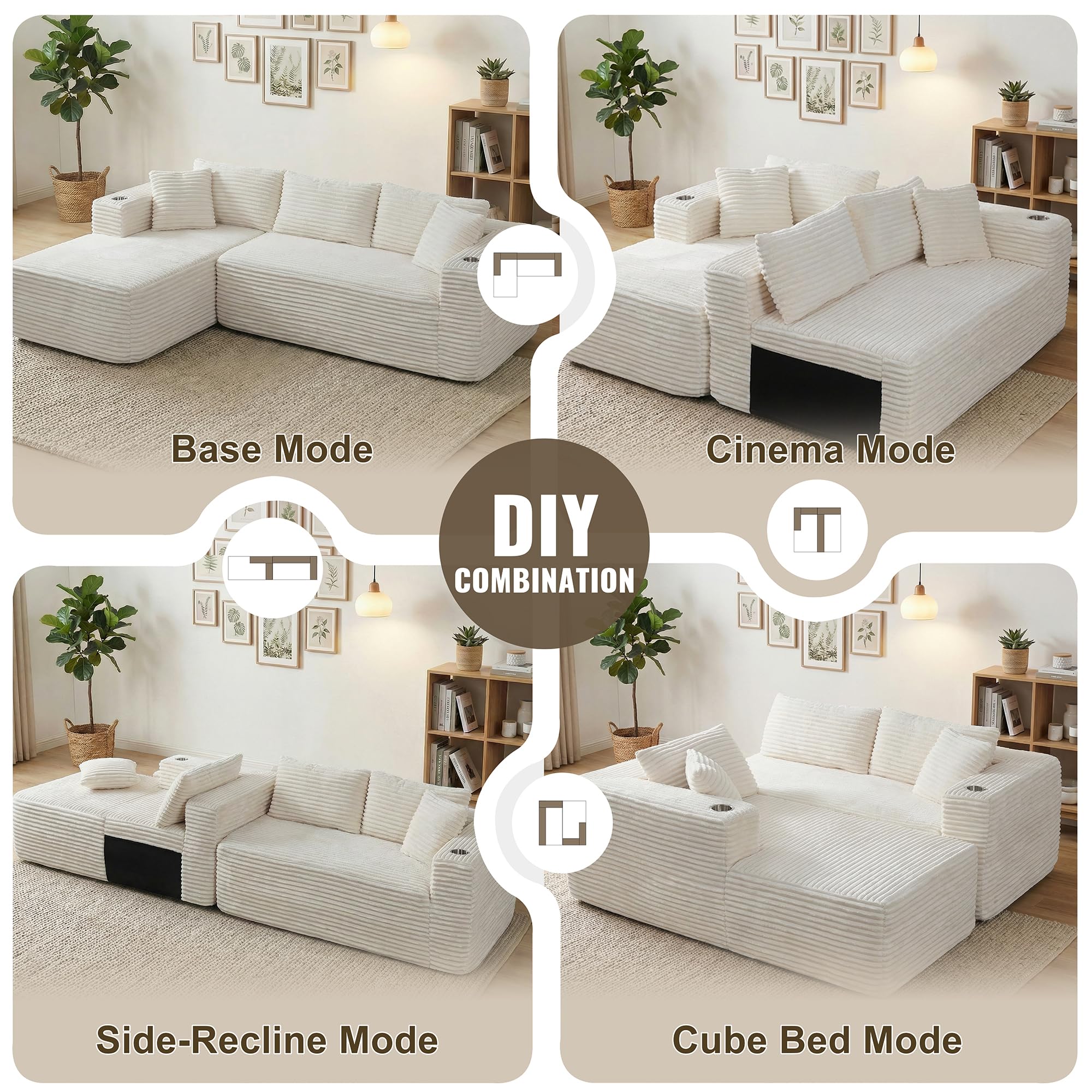 Modular L-Shaped Sectional Sofa with Chaise & Cup Holders