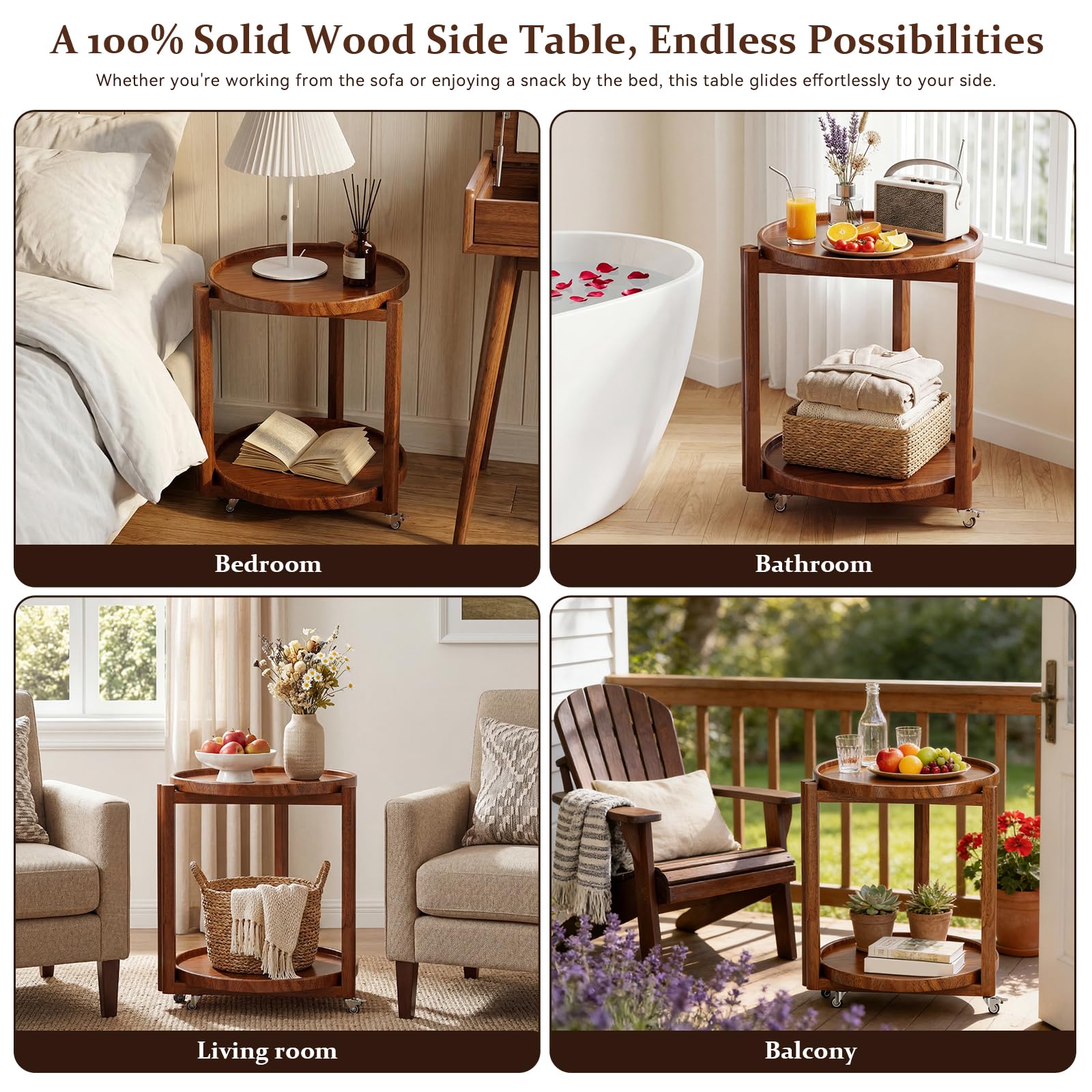 Round Rolling Side Table with Storage Shelf