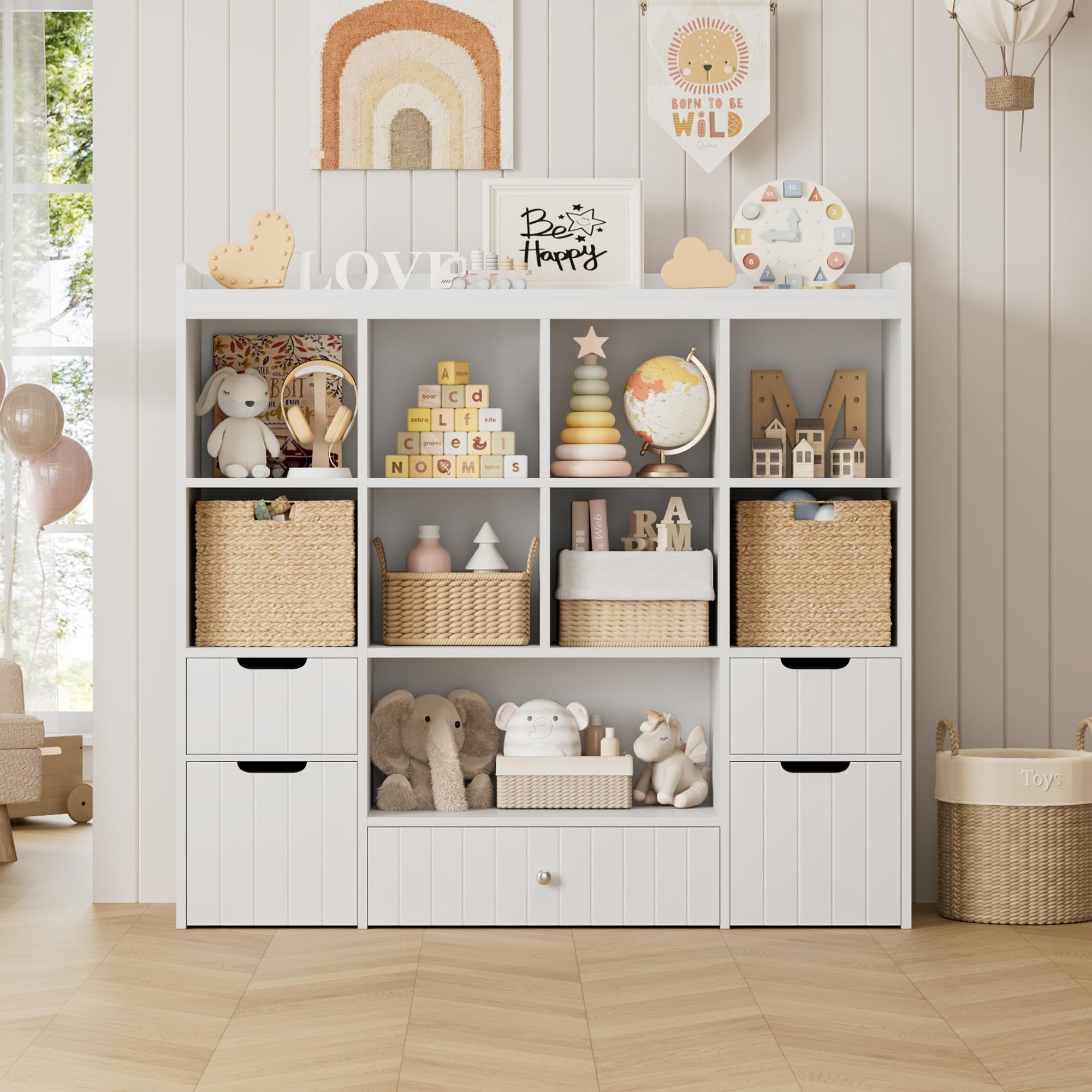 HORSTORS 48"W Kids Toy Storage Organizer, Large Toy Storage Chest with Removable Bins, 46"H Kids Bookshelf and Bookcase with Drawers for Boys and Girls, Modern Toy Box for Playroom, Classroom, White