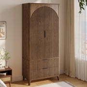 Oxirth 70.1" Arched Wooden Armoire Wardrobe Closet with 2 Doors and 2 Drawers, Fluted Bedroom Armoire with Hanging Rod Shelf, Clothing Storage Cabinet, Wardrobe Armoire Closet Cabinet (Walnut, 31.4")