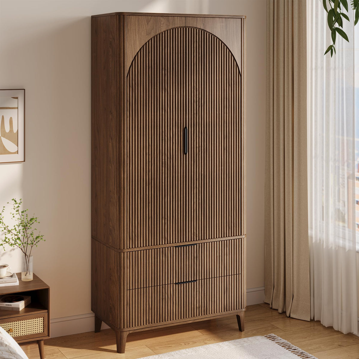 Oxirth 70.1" Arched Wooden Armoire Wardrobe Closet with 2 Doors and 2 Drawers, Fluted Bedroom Armoire with Hanging Rod Shelf, Clothing Storage Cabinet, Wardrobe Armoire Closet Cabinet (Walnut, 31.4")