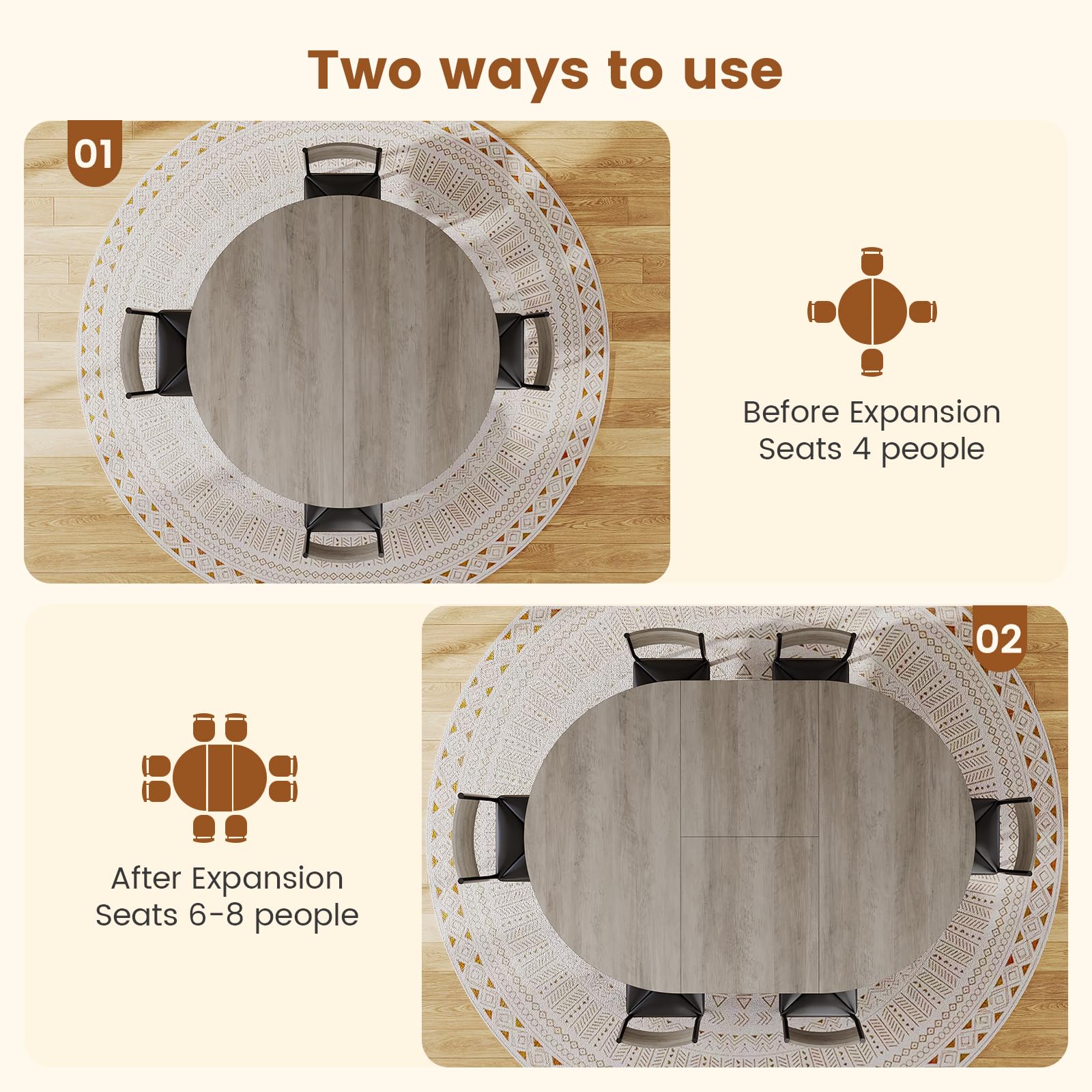 Expandable Round Dining Table Set for 4–8