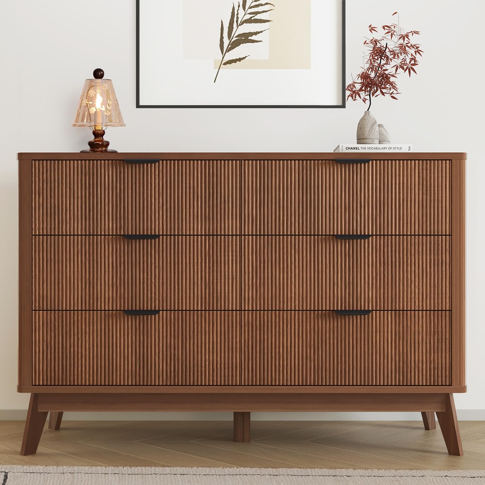 GRAINLLE Fluted Dresser for Bedroom,49.6'' Modern Wooden Walnut Dresser with 6 Drawers, Bedroom Dressers, Natural Wood Chest of Drawers for Living Room, Hallway (Walnut)
