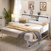 Homieasy Farmhouse Twin Daybed with Pop-Up Trundle, Metal Trundle Bed Frame with Bookcase Headboard, Charging Station & Barn Door Storage for Bedroom & Guest Room, White