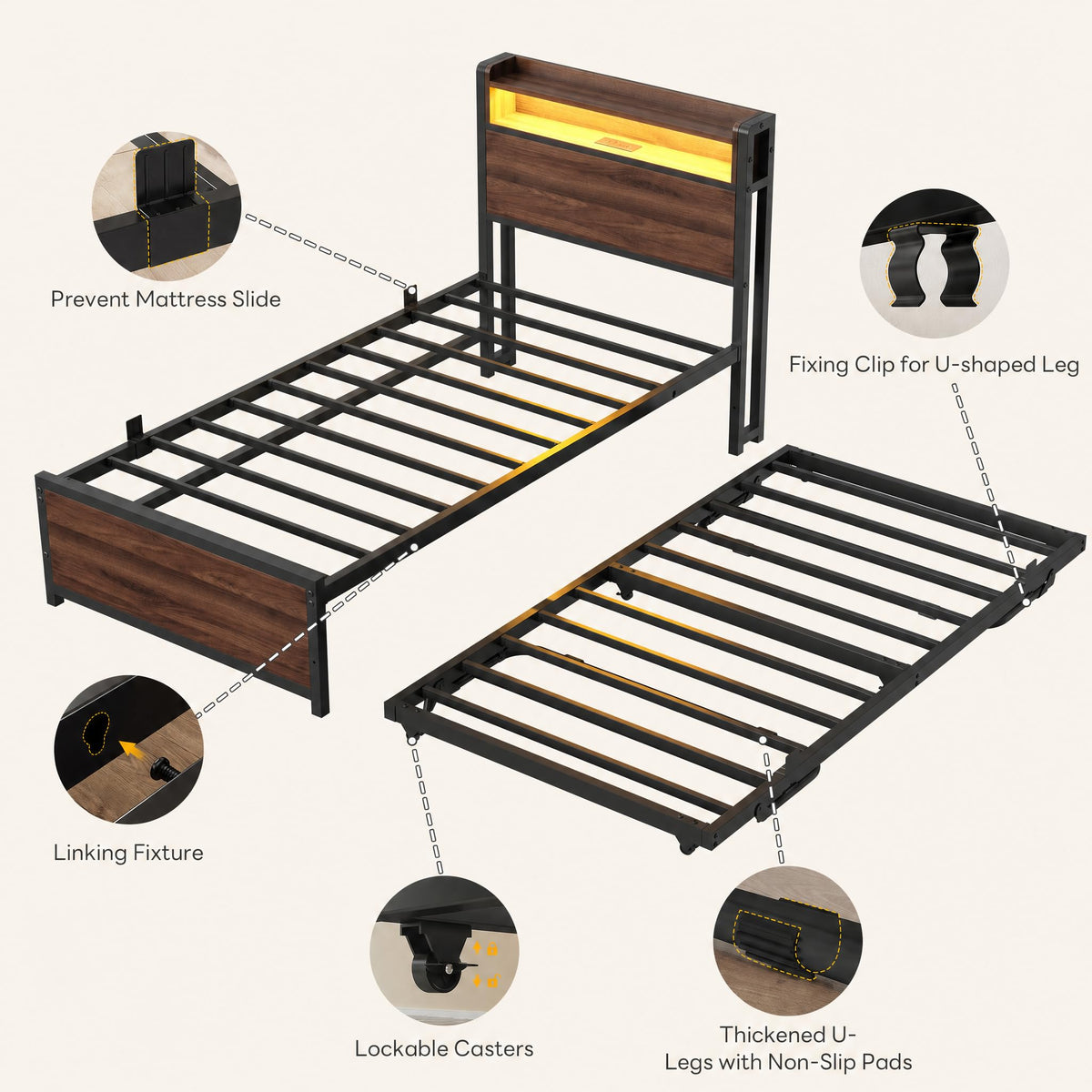 LIKIMIO  Twin Daybed with Trundle, LED Lights and Charging Station