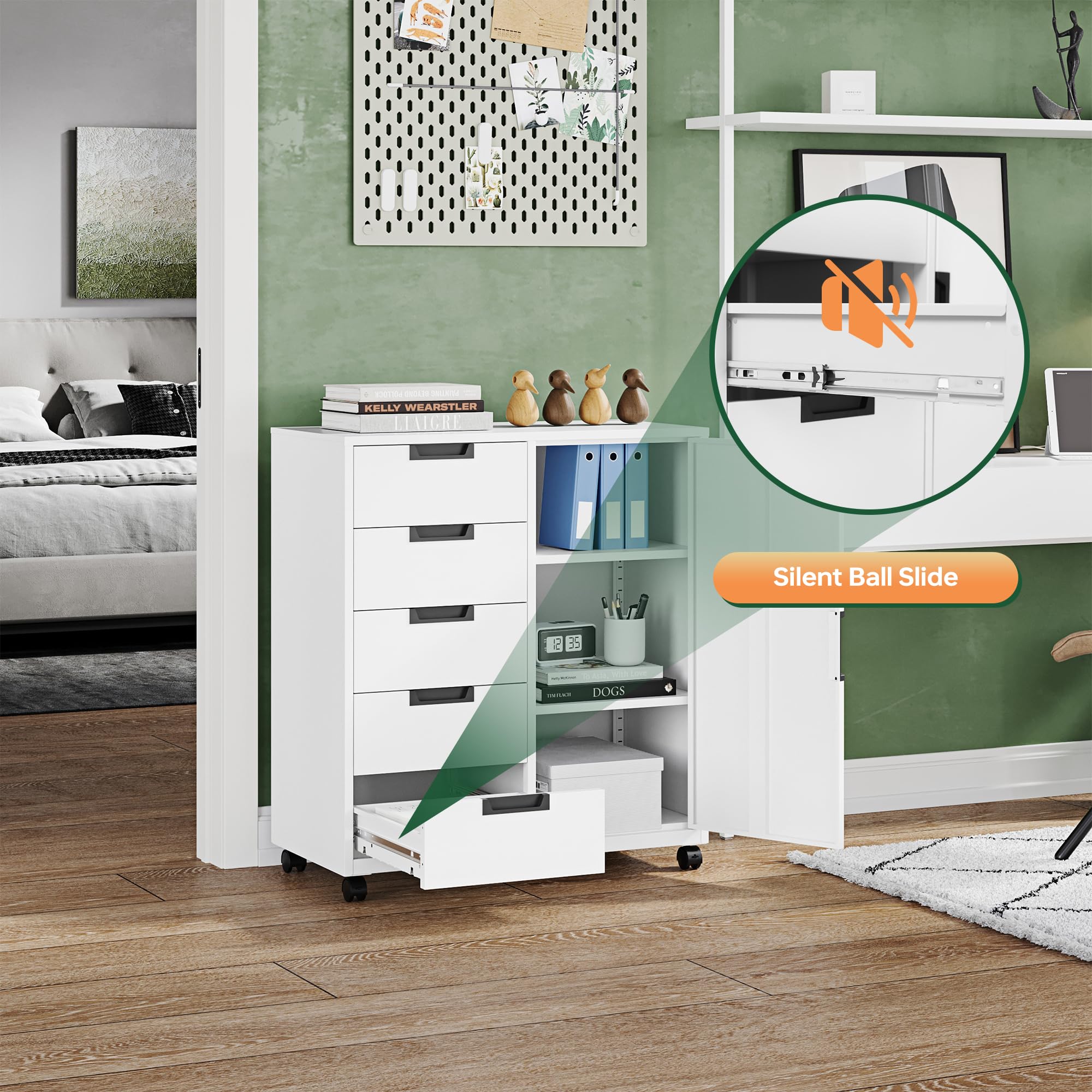 5-Drawer Metal Storage Cabinet with Printer Stand & Shelved Door