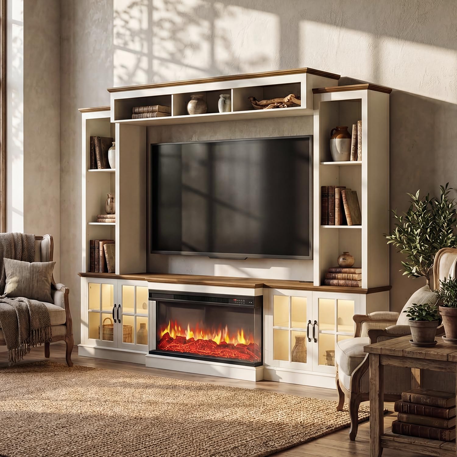 98" Farmhouse Entertainment Center with Electric Fireplace