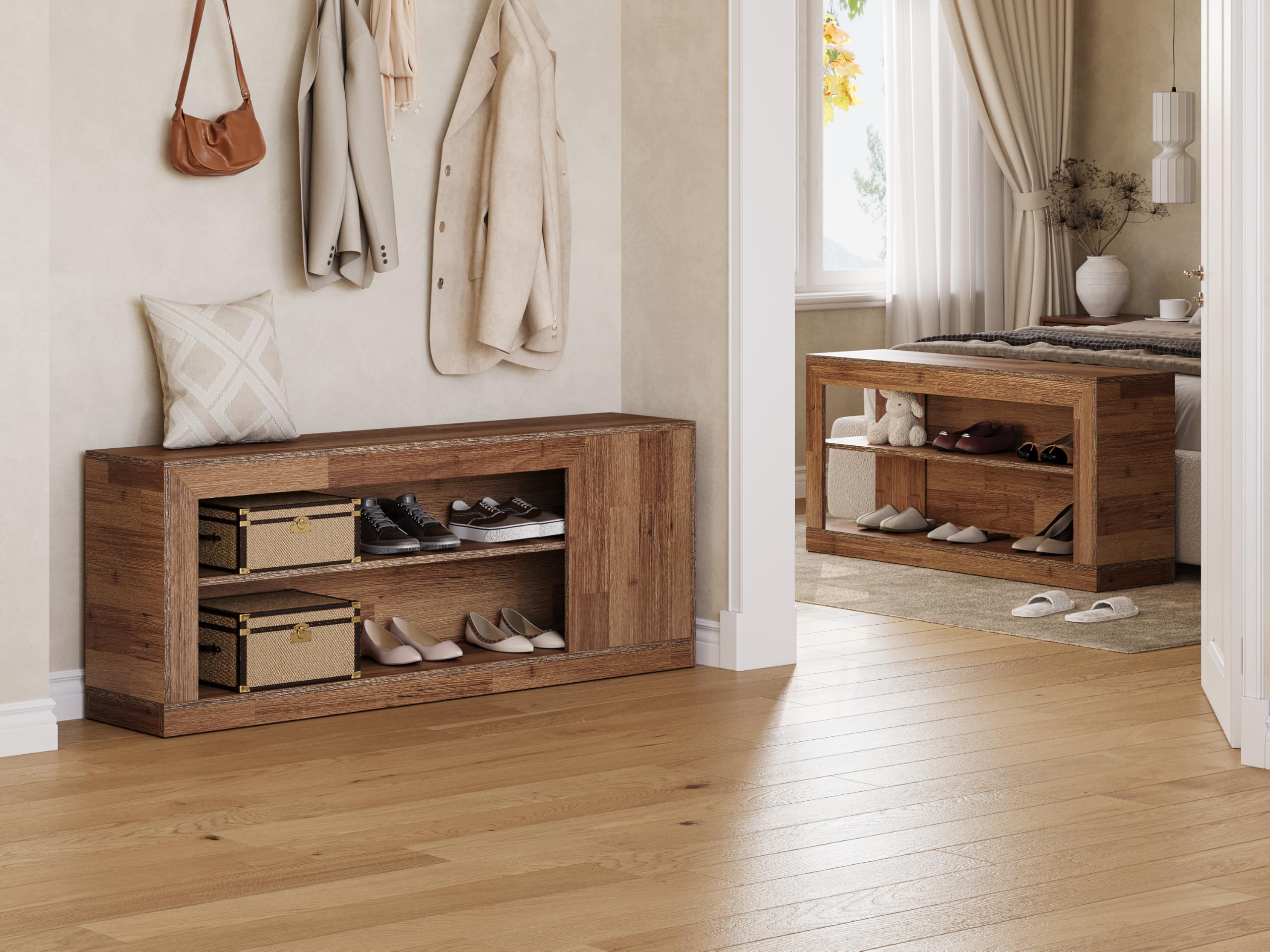 L-Shaped Corner Shoe Bench with Open Storage Shelves
