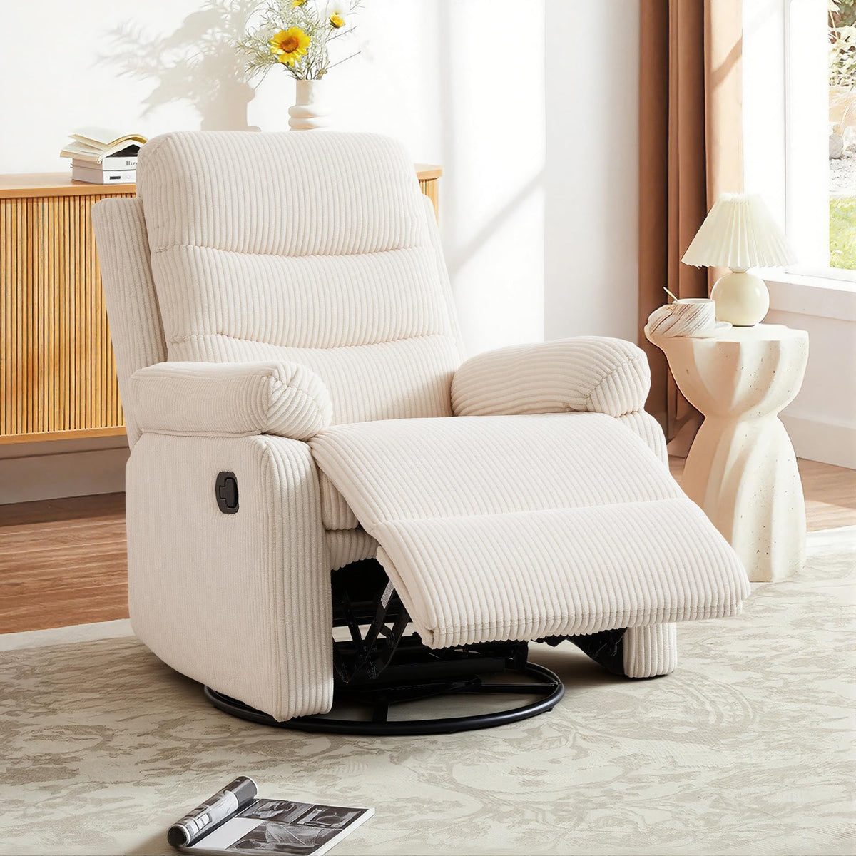 GAOHAPY Rocking Recliner Chair,Modern Swivel Glider Recliner Chair,Corduroy Fabric Upholstery Recliner,Manual Reclining Sofa Chair for Living Room,Office,Apartment (Beige)
