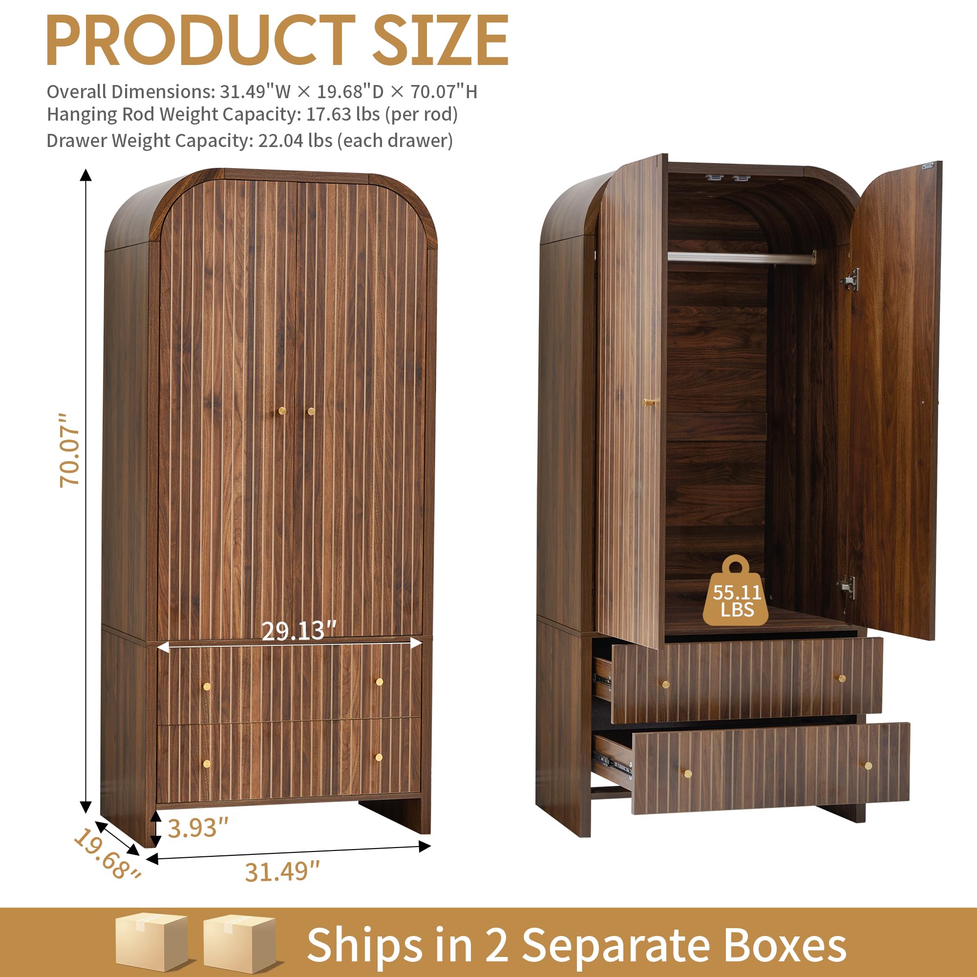 Arched Armoire Wardrobe Closet with Hanging Rod & 2 Drawers
