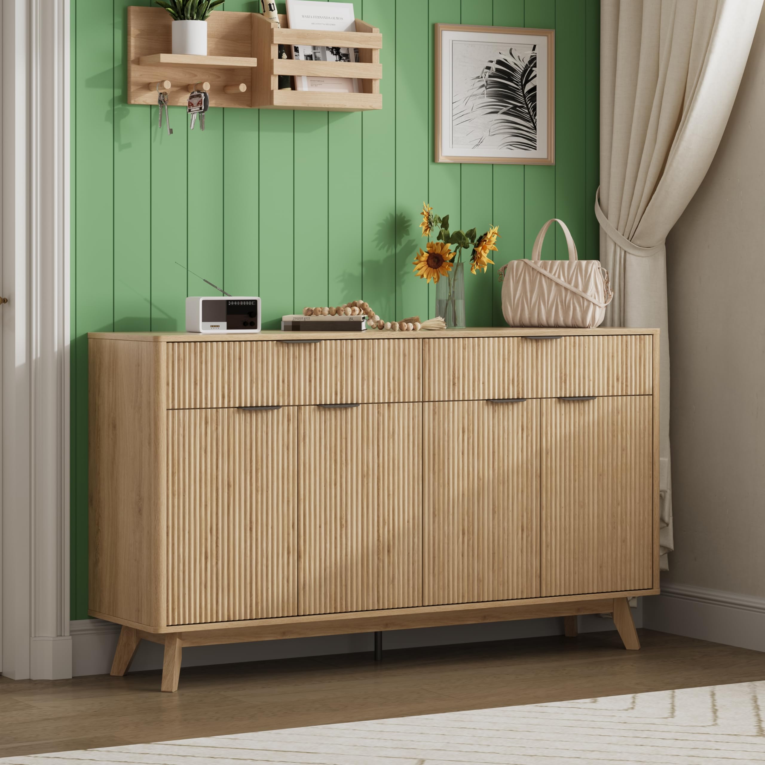 60" Rattan Buffet Sideboard Cabinet with Drawers & Wave Doors