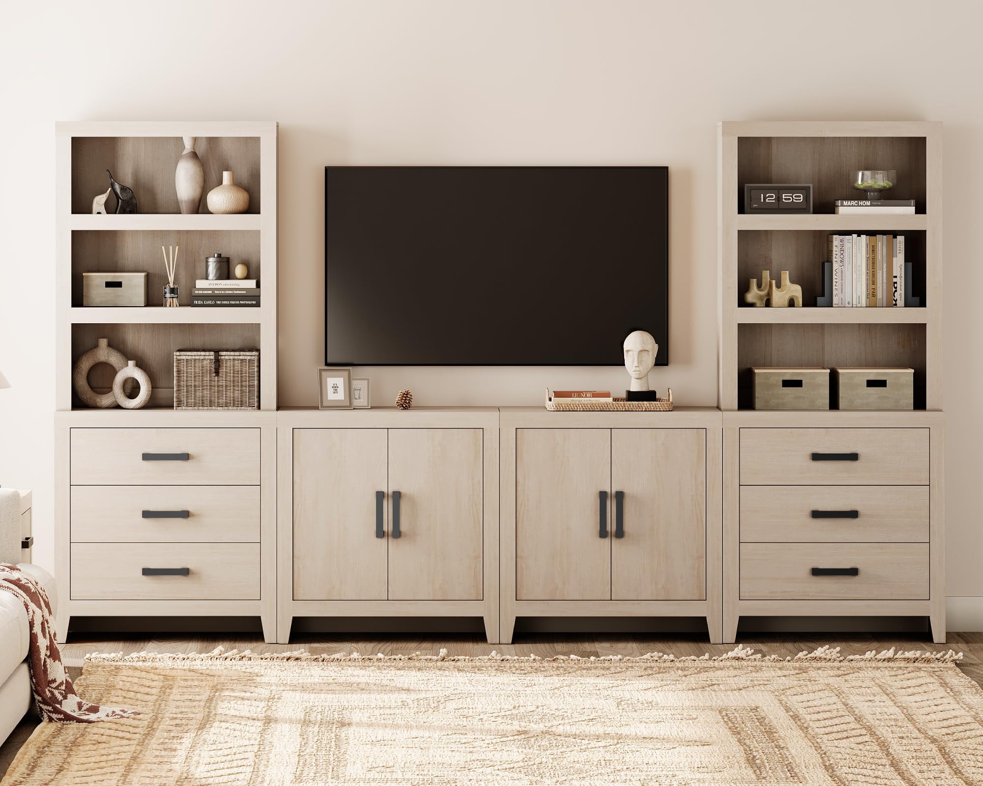 WAMPAT Entertainment Center with Bookshelves, Farmhouse TV Stand for 75 inch TV, Wood Media Console with Adjustable Shelves and Storage Drawers for Living Room, Bedroom, Beige