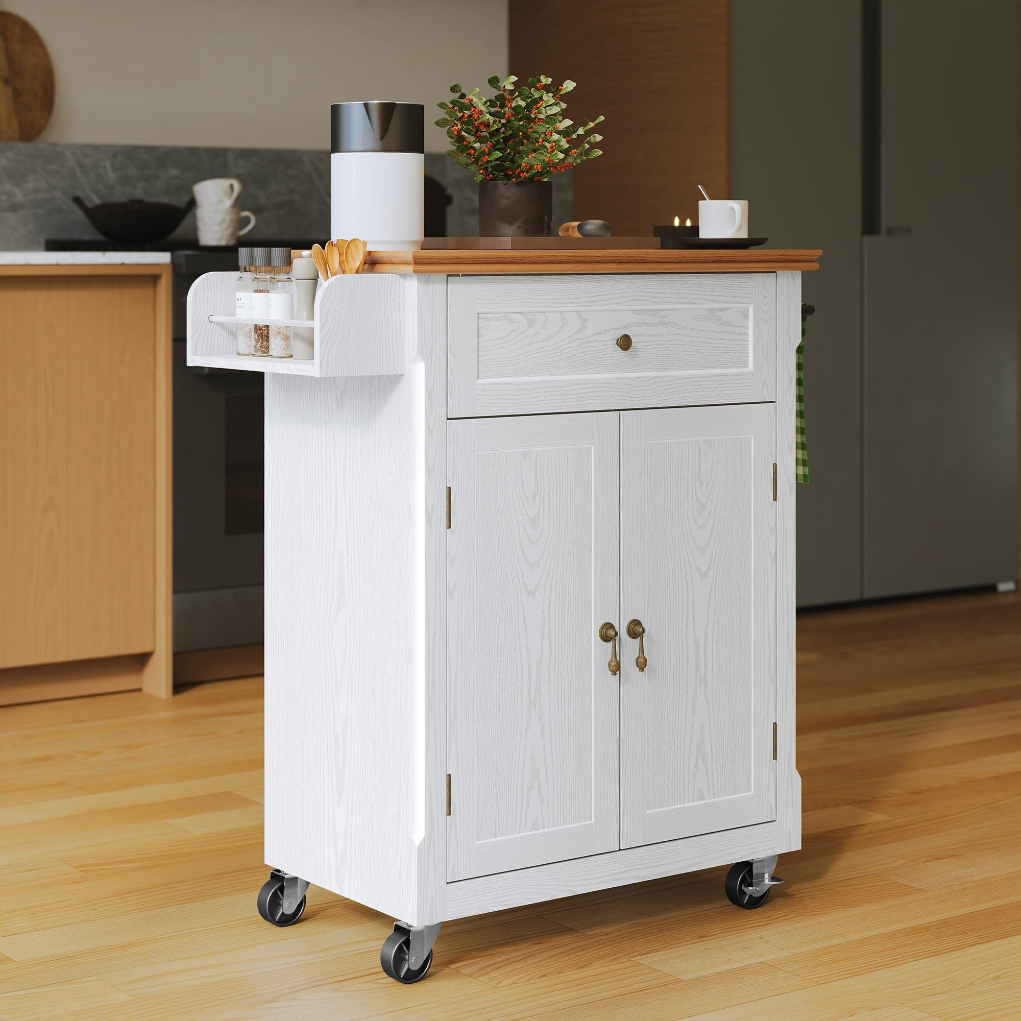 HLR 26'' Small Kitchen Island, Vintage Wood Rolling Kitchen Island Cart with Storage Cabinet and Drawer, Kitchen Cart on Wheels with Spice Rack & Towel Rack for Dining Room, White