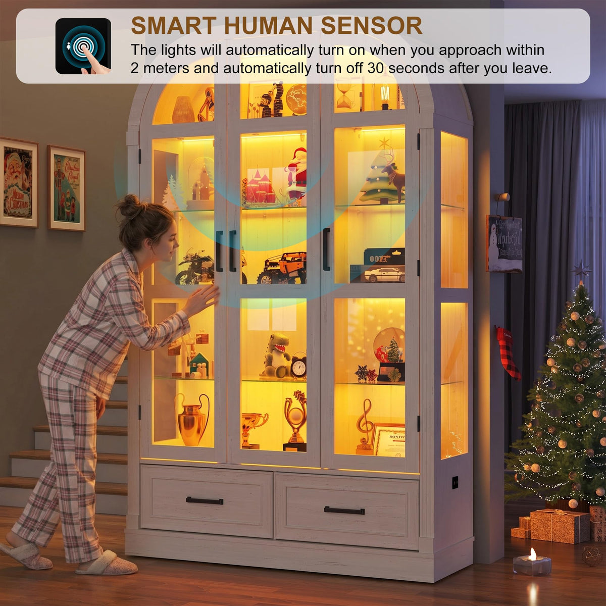 74" Arched Display Cabinet with Glass Doors and Drawers,Motion Sensor 3-Color Lights,Glass Curio Cabinet,5-Tier Showcase for Collectibles,Action Figures,Living Room,Trophy,Books(Antique White)