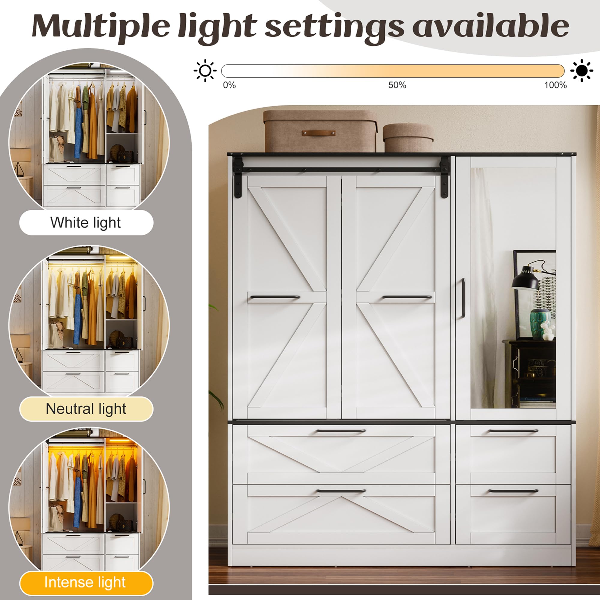 PAKASEPT Armoire Wardrobe Closet with w/Folding Sliding Barn Door, 72.83" H Bedroom Armoires with Mirror and Sensor Lights, Hanging Rod, Wardrobe Closet for Bedroom (6 Doors)
